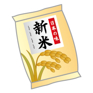 Illustration of a Japanese rice package prominently labeled “Shinmai,” representing the label used for rice from the newest harvest year.