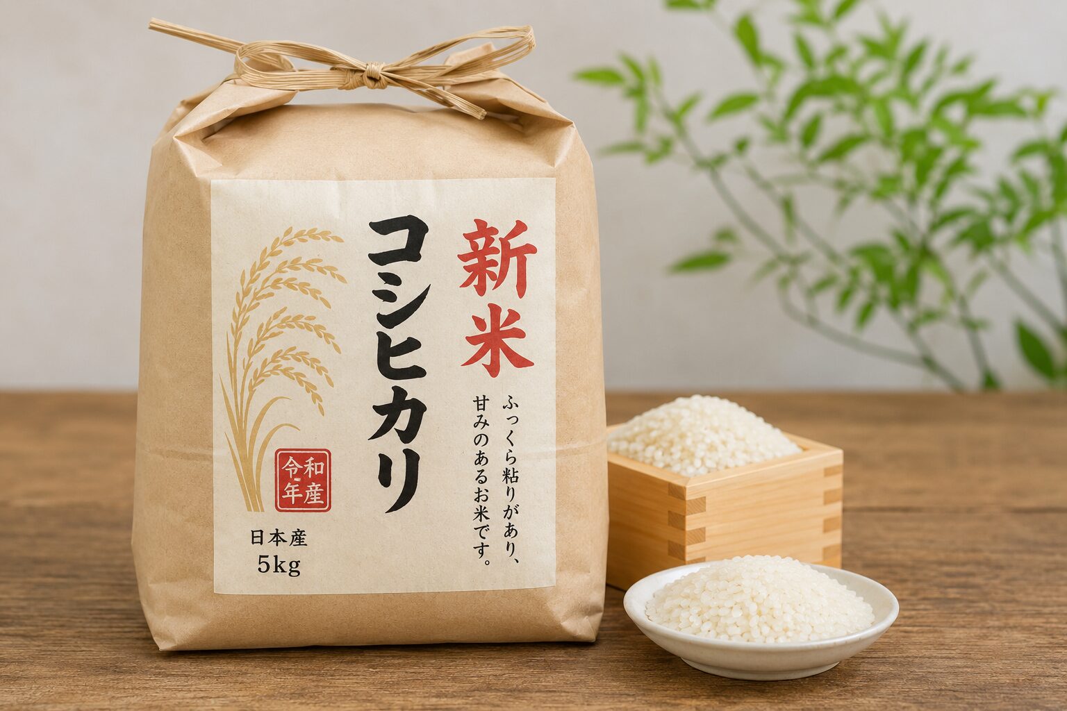 A bag of Japanese rice labeled "Shinmai" and "Koshihikari" beside polished rice and harvested rice stalks, showing that shinmai describes newly harvested rice rather than the variety itself.