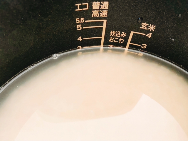 Rice and water measured to the standard level inside a Japanese rice cooker before cooking.
