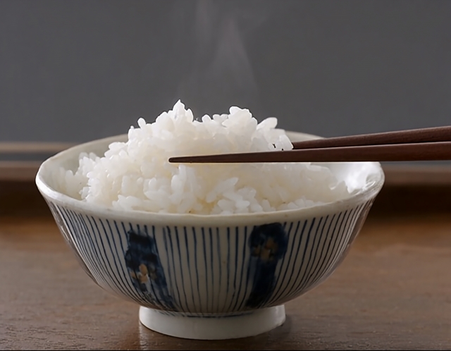 Bowl of freshly cooked Japanese white rice (shiromeshi) with chopsticks
