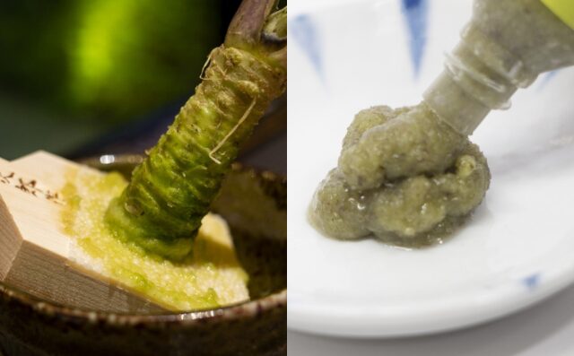 Freshly grated hon-wasabi compared with tube wasabi paste