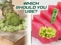 Comparison of real wasabi and imitation wasabi served with sushi