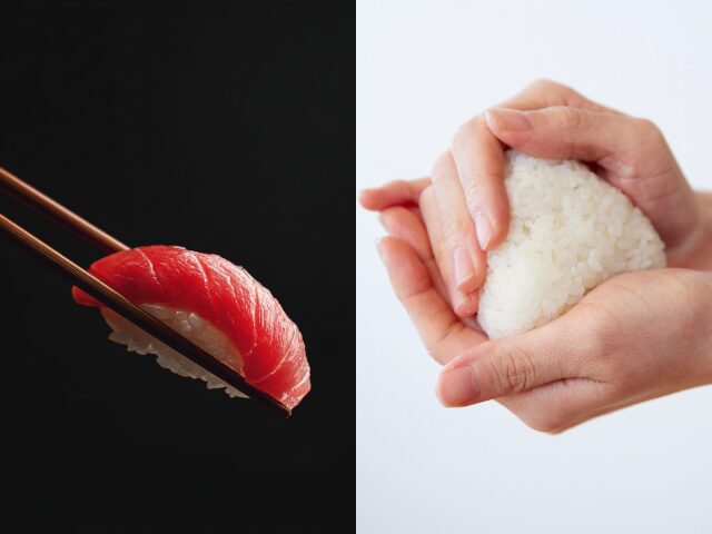 A piece of tuna nigiri sushi held with chopsticks beside hands shaping an onigiri rice ball, showing two ways Japanese rice is used.