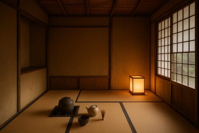 Quiet traditional Japanese tea room with tatami, shoji screens, and tea utensils