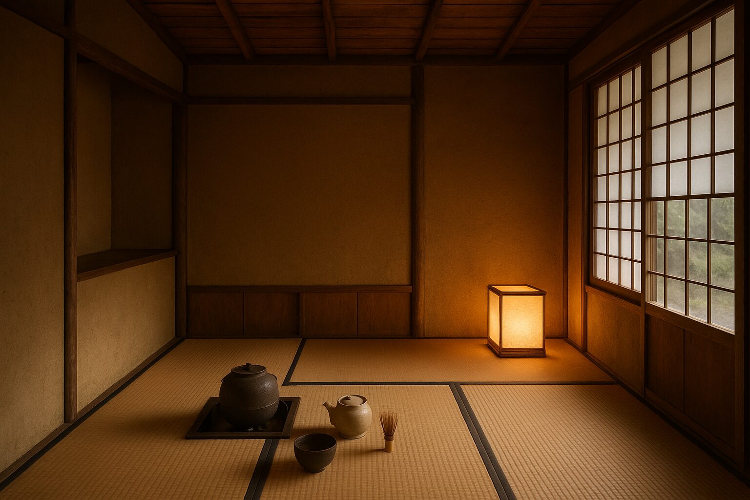 Minimalist Japanese tea room with tatami mats, shoji screens, and a tea kettle set