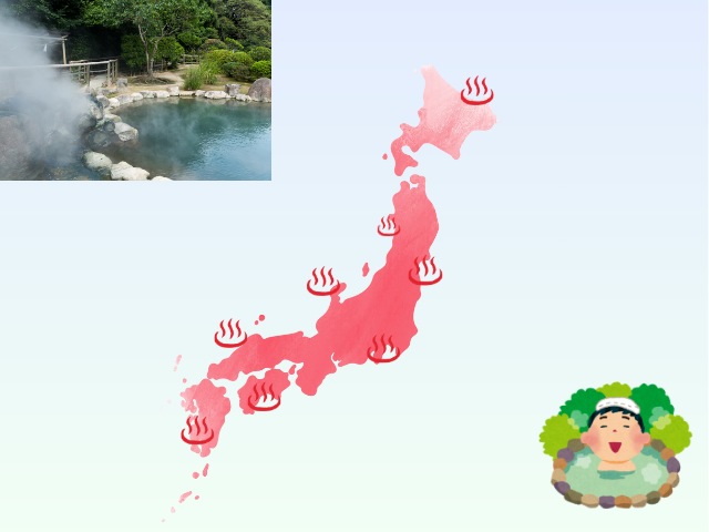 Illustrated map of Japan with hot spring icons showing onsen locations nationwide