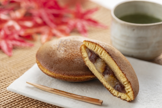 Dorayaki served with a cup of Japanese green tea