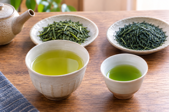 Sencha and gyokuro served side by side, with a larger cup of sencha and a smaller cup of gyokuro alongside their loose tea leaves.