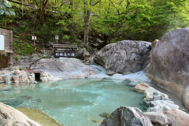 Outdoor onsen bath surrounded by rocks and forest, with steam rising from the water