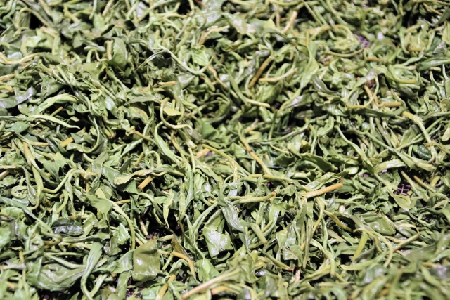 Close-up of dried sencha leaves showing their thin, needle-like shape