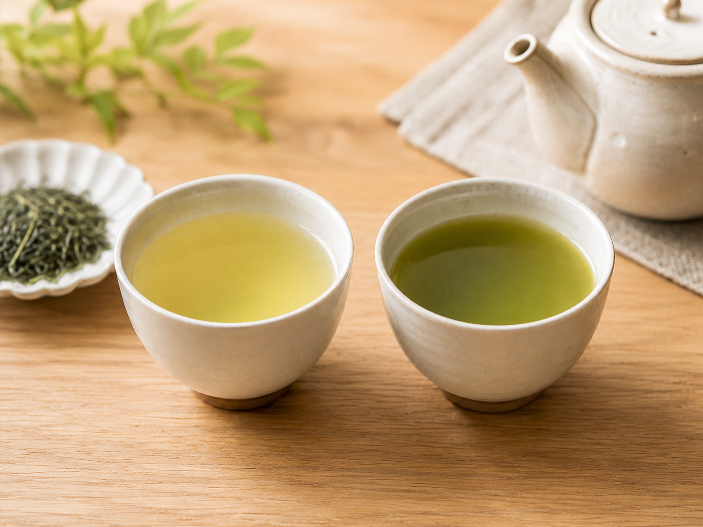 Two cups of Japanese green tea side by side, showing the lighter color of sencha and the deeper green color of fukamushi-cha