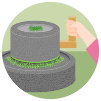 Stone mill grinding tencha leaves into matcha powder