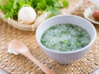 A bowl of nanakusa-gayu, Japan’s traditional seven-herb rice porridge eaten on January 7 for health and renewal