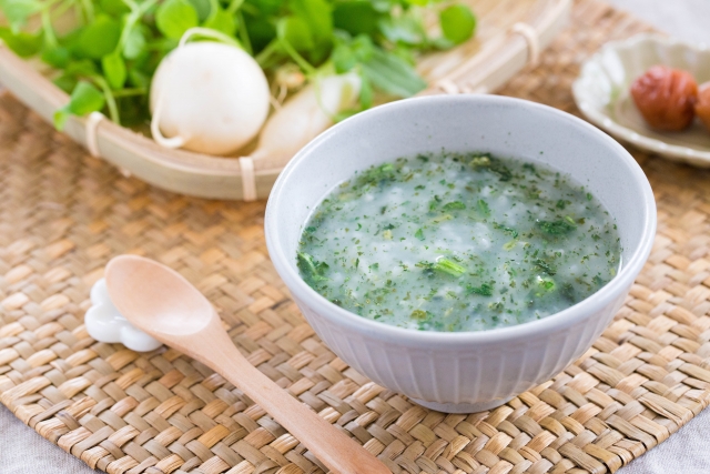 A bowl of nanakusa-gayu, Japan’s traditional seven-herb rice porridge eaten on January 7 for health and renewal