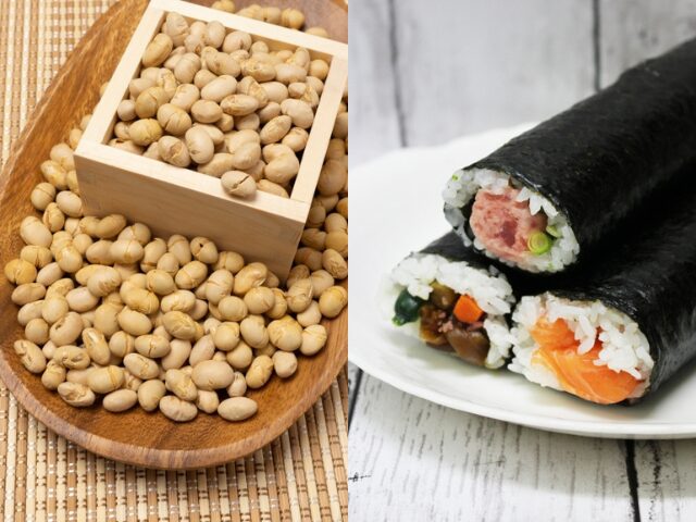 Roasted soybeans (fukumame) in a masu box and ehomaki sushi rolls on a plate