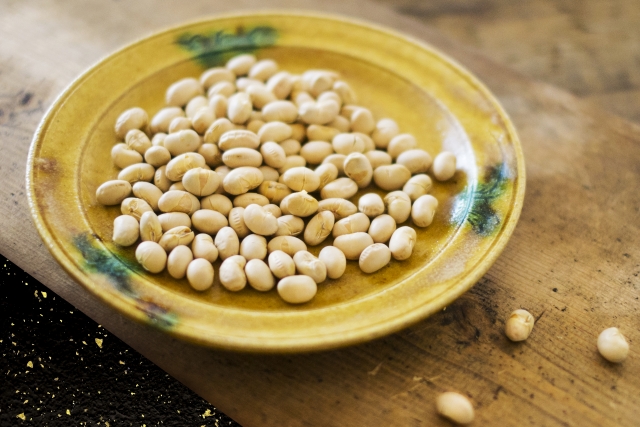Roasted soybeans (fukumame) on a small ceramic plate