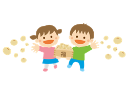 Two children throwing beans during mamemaki for Setsubun