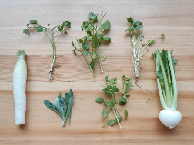 The seven traditional spring herbs used in nanakusa-gayu, arranged individually with daikon and turnip.