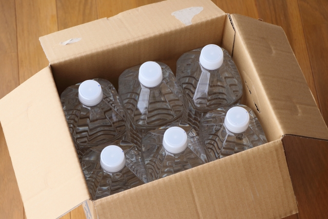 A box of bottled water stored at home in Japan