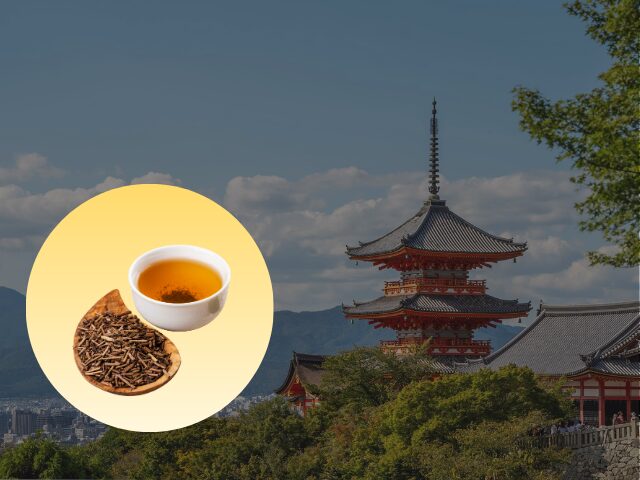 Hojicha and roasted tea leaves with Kyoto temple in background