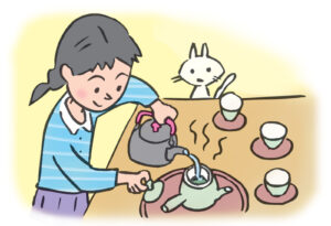 Illustration of brewing hojicha at home