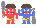 Red and blue oni wearing tiger-skin pants, a familiar image from Japanese folklore and children’s songs