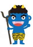 Blue oni holding a forked pole, representing anger and resentment in Japanese folk belief