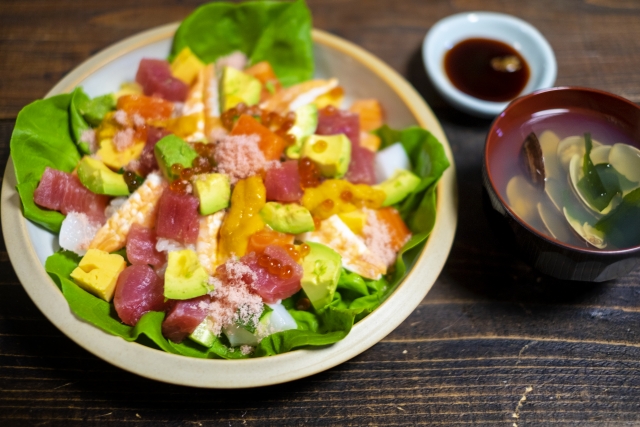 Homemade chirashizushi with seafood and vegetables, commonly eaten during Hinamatsuri celebrations
