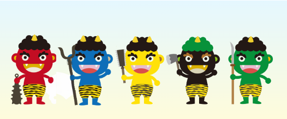 Illustrated oni in different colors, each holding a different weapon, representing varied fears and human weaknesses in Japanese folk belief