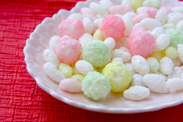 Colorful hina-arare rice crackers traditionally eaten during Hinamatsuri in early spring