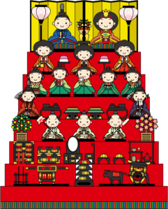 Illustrated diagram of a traditional hina doll arrangement showing the placement of figures on each tier