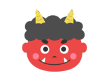 Simple illustration of an oni face with horns, showing a familiar and approachable image of a Japanese folk figure