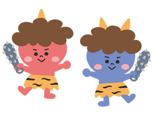 Cute red and blue oni wearing tiger-skin pants, walking side by side in a playful style