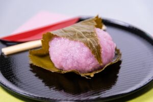 Sakura mochi, a seasonal Japanese sweet wrapped in a pickled cherry leaf and enjoyed in spring