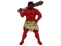 Full-body illustration of a red oni holding an iron club and wearing tiger-skin pants, a classic image in Japanese folklore