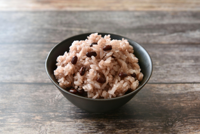 A simple bowl of sekihan made with glutinous rice and red beans.