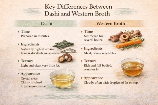Infographic showing key differences between Japanese dashi and Western broth including ingredients, time, and texture