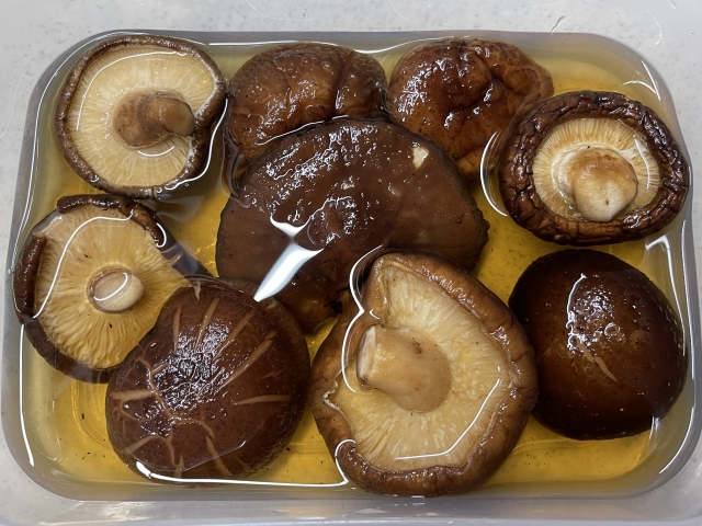 Dried shiitake mushrooms soaking in water during the rehydration process