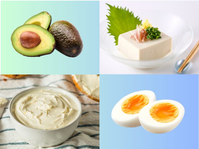 Collage showing avocado, tofu, cream cheese, and boiled egg as familiar foods that pair well with tamari.