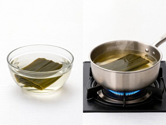 Kombu soaking in cold water and heating gently to extract umami for ichiban dashi