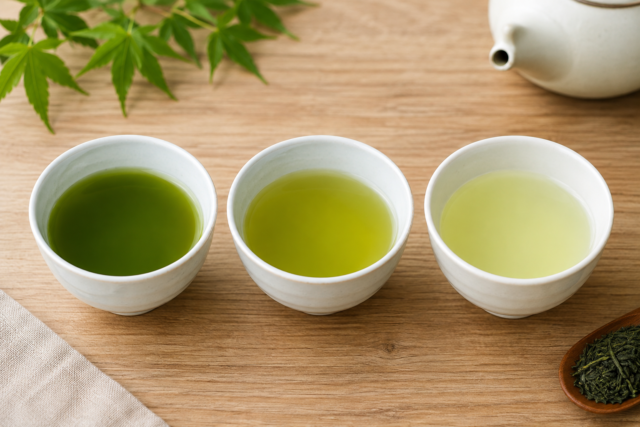 Three cups of Japanese green tea showing different strengths from dark to light
