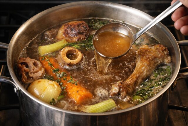 Western broth simmering with bones, vegetables, and herbs in a stockpot