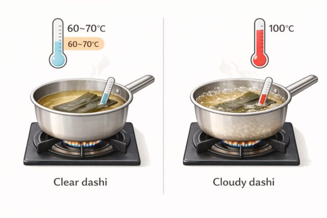 Comparison of clear dashi at 60–70°C and cloudy dashi after boiling