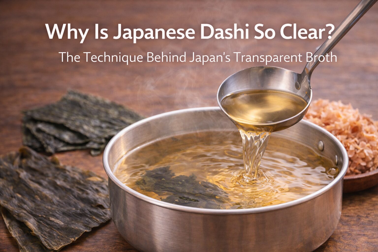 Clear Japanese dashi broth being ladled from a pot with kombu and katsuobushi ingredients beside it