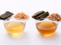Ichiban dashi and niban dashi side by side showing the clear first broth and darker second extraction