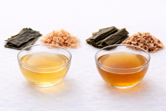 Ichiban dashi and niban dashi side by side showing the clear first broth and darker second extraction