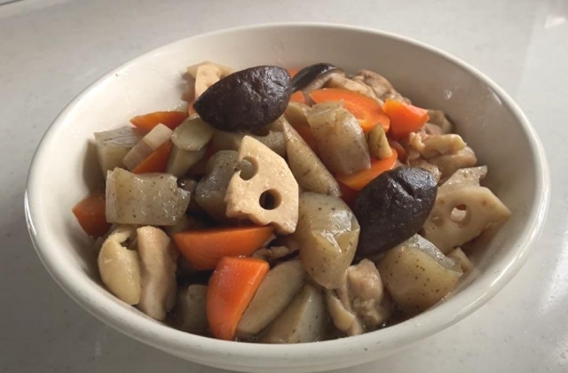 Chikuzenni simmered vegetables and chicken in Japanese dashi-based broth