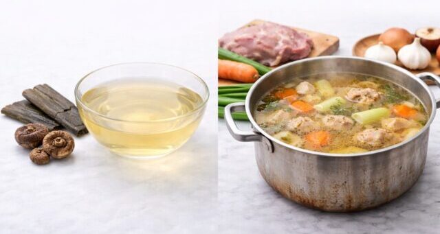 Comparison between clear Japanese dashi and a cloudy Western broth