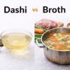 Comparison of Japanese dashi and Western broth showing clear dashi and rich meat stock