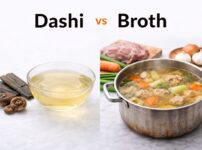 Comparison of Japanese dashi and Western broth showing clear dashi and rich meat stock